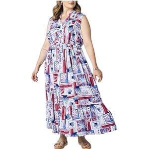 ST JOHN'S BAY Maxi Dress 1X‎ Red Blue Shell Linen Blend Sleeveless Americana NWT